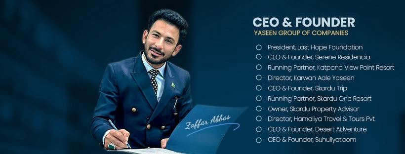 Zafar Abbas Karbalai signing a document, with a graphic profile of his business leadership